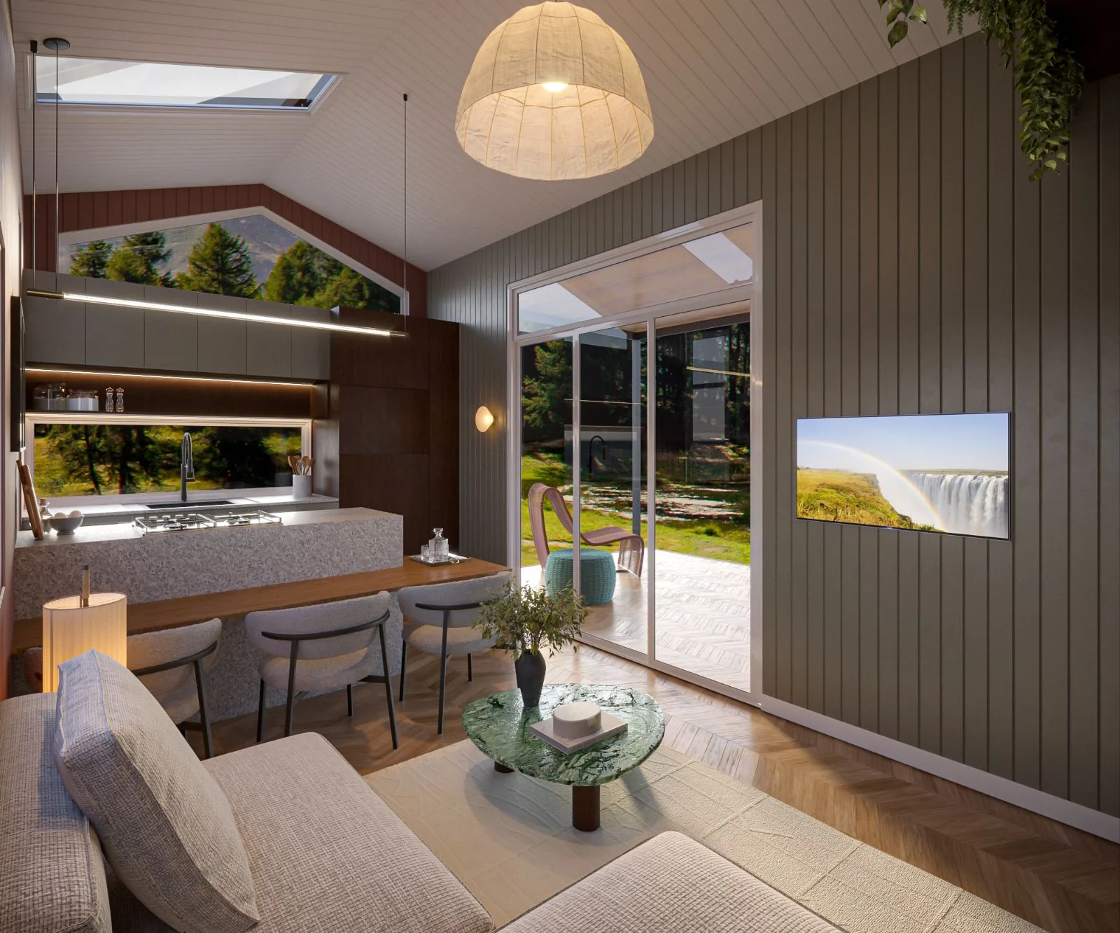 Ember living area with sliding doors open onto the timber deck