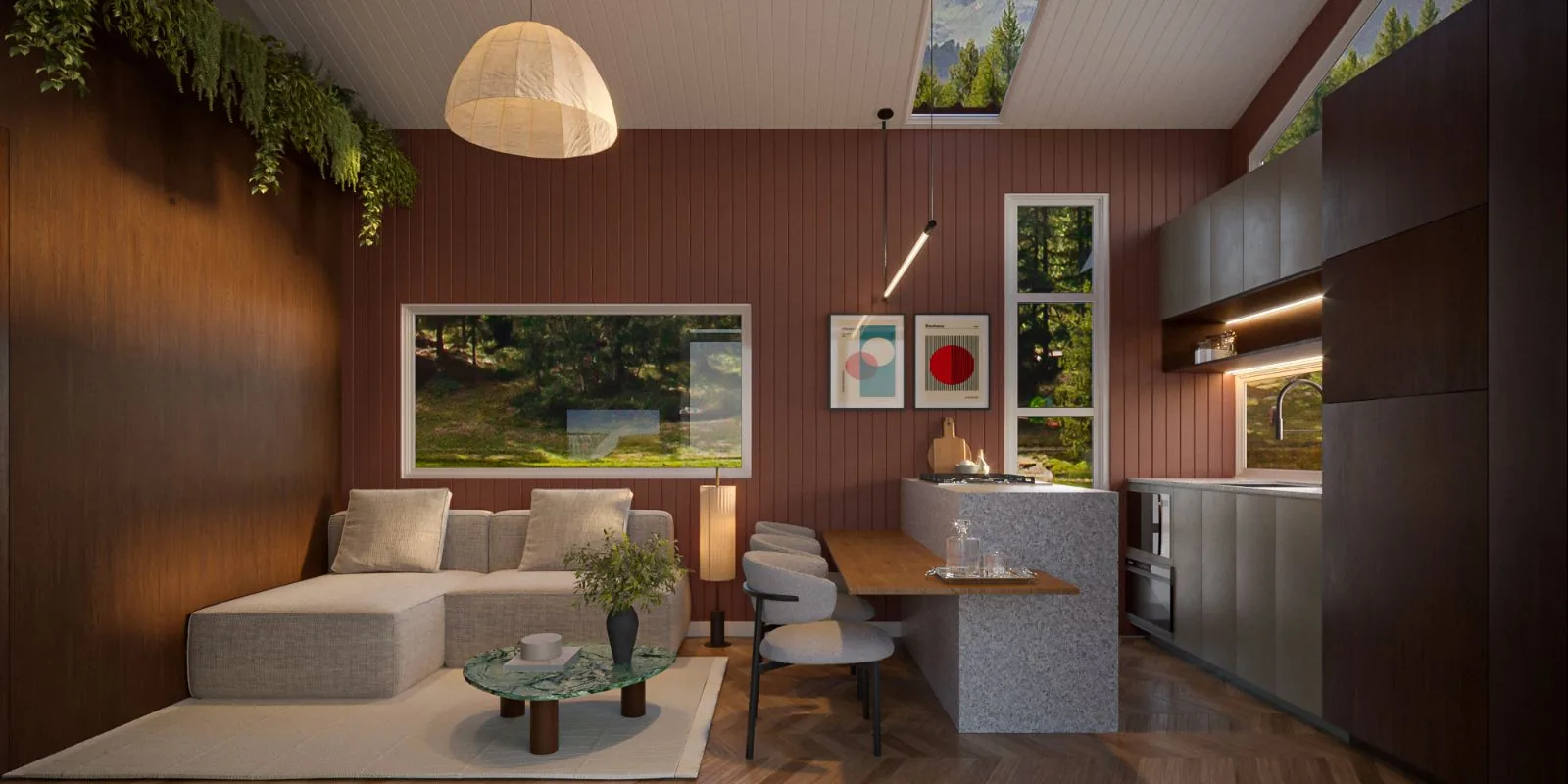 Ember lounge with full-size sofa and dining bench