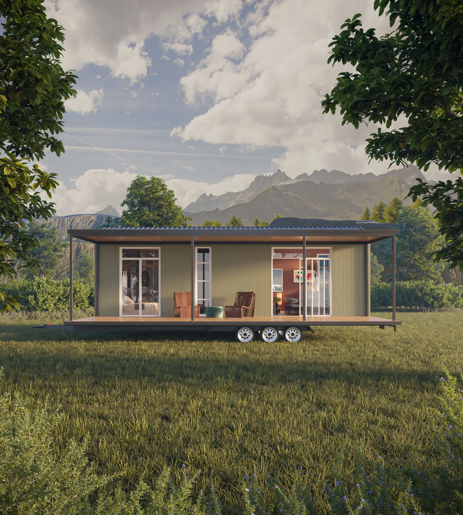 Front elevation of the Ember tiny home showing the deck and sliding doors